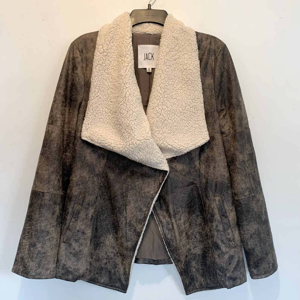 Jack BB Dakota Brown Faux Leather Sherpa Moto Jacket Women’s Medium Pockets Fall